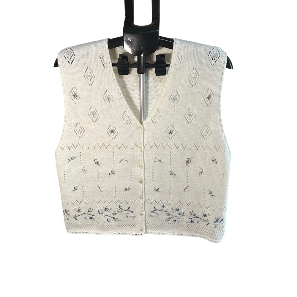 Vintage Koret Cream Floral Embroidered Knit Sleeveless Sweater Vest Size L‎